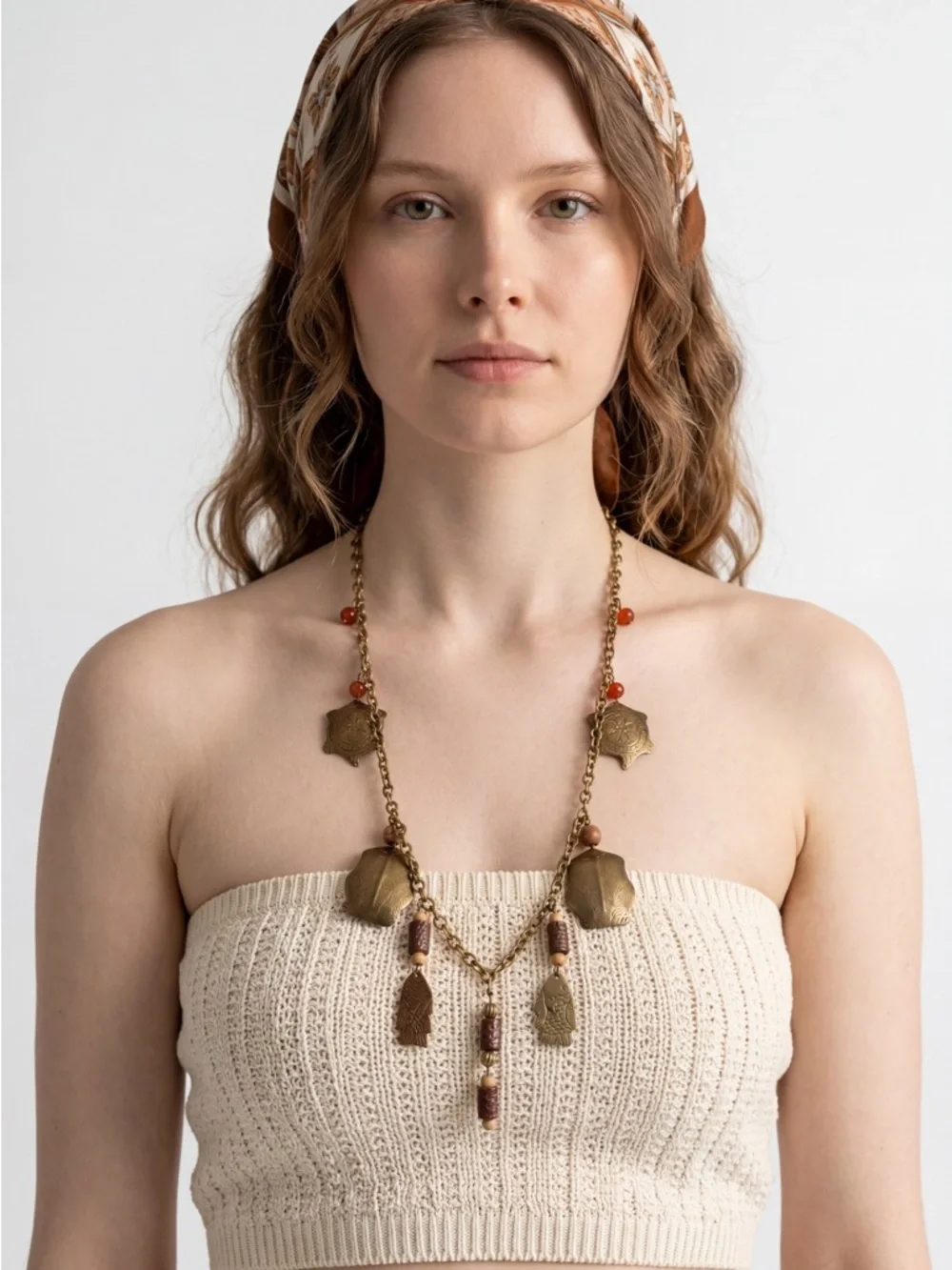 Vintage Boho Brass Pendant Necklace Coral wood Beads cottagecore festival - Picture 2 of 12